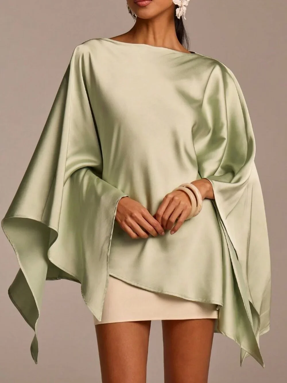 Green Elegant Women's Long Sleeve Asymmetric Satin Blouse
